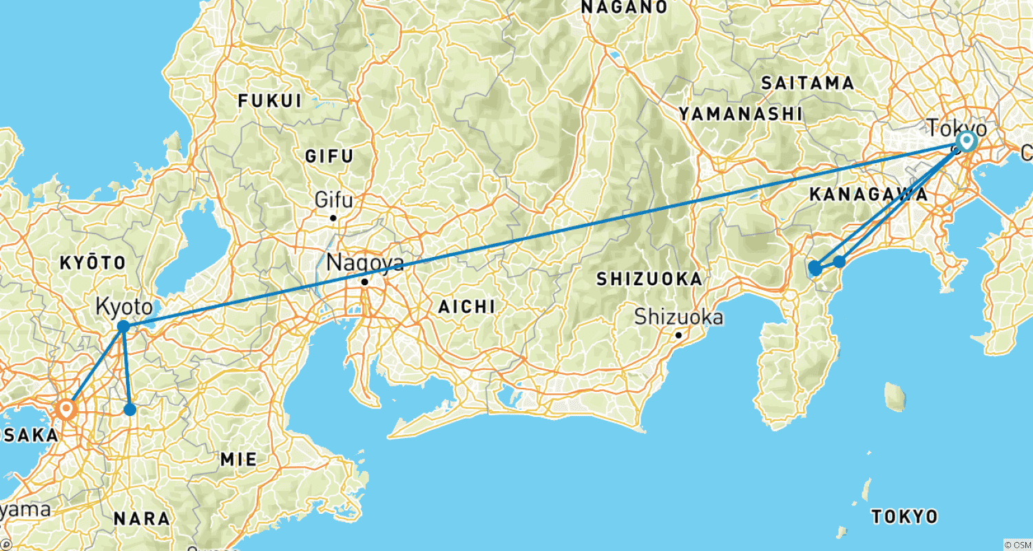 Mapa do percurso de Excursão de 7 Dias em Mini Grupo pelo Japão com Hotéis 3/4 Estrelas, Máximo 6 Pessoas