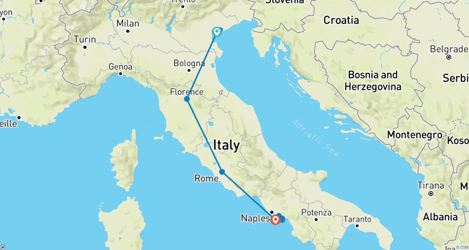 Mapa trasy: Wenecja, Florencja, Rzym, Sorrento: wycieczka niskoemisyjna koleją (hotele 4*)