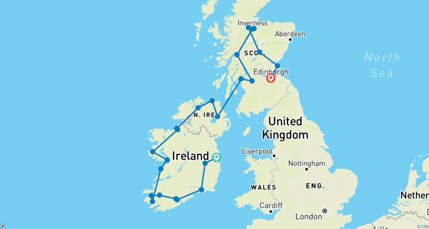 Mapa do percurso de O Melhor da Irlanda e Escócia - Prévia 2021 (14 Dias)