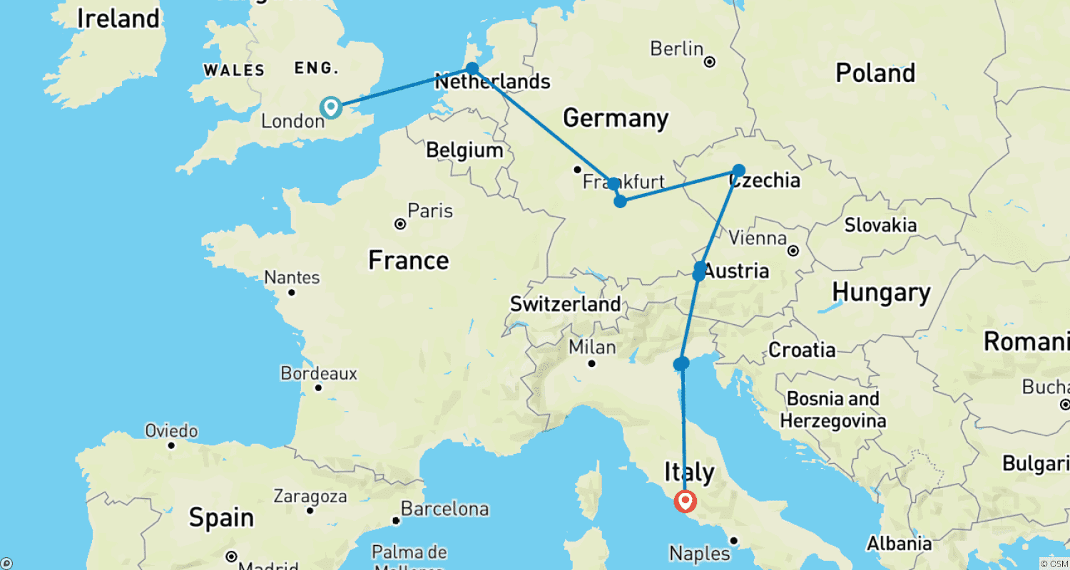 Mapa do percurso de Charme Europeu (Pequenos Grupos, Partida de Londres, 11 Dias)