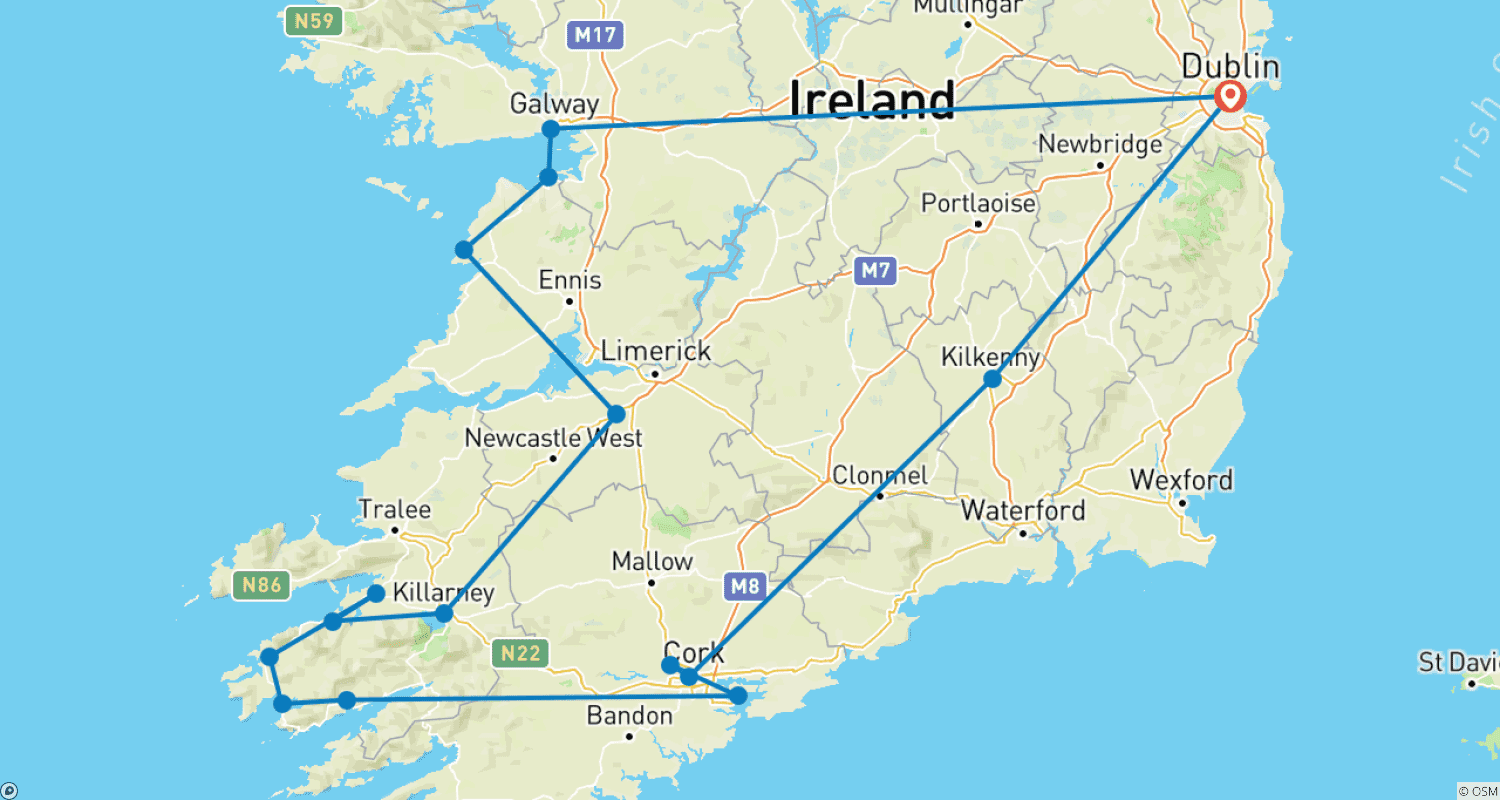 Mapa do percurso de Foco na Irlanda (Pequenos Grupos)