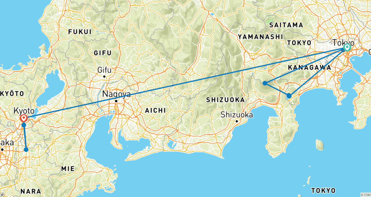 Mapa do percurso de Tour Familiar Clássico de 6 Dias no Japão com Hotéis 4 Estrelas, Partida Diária (Privado)