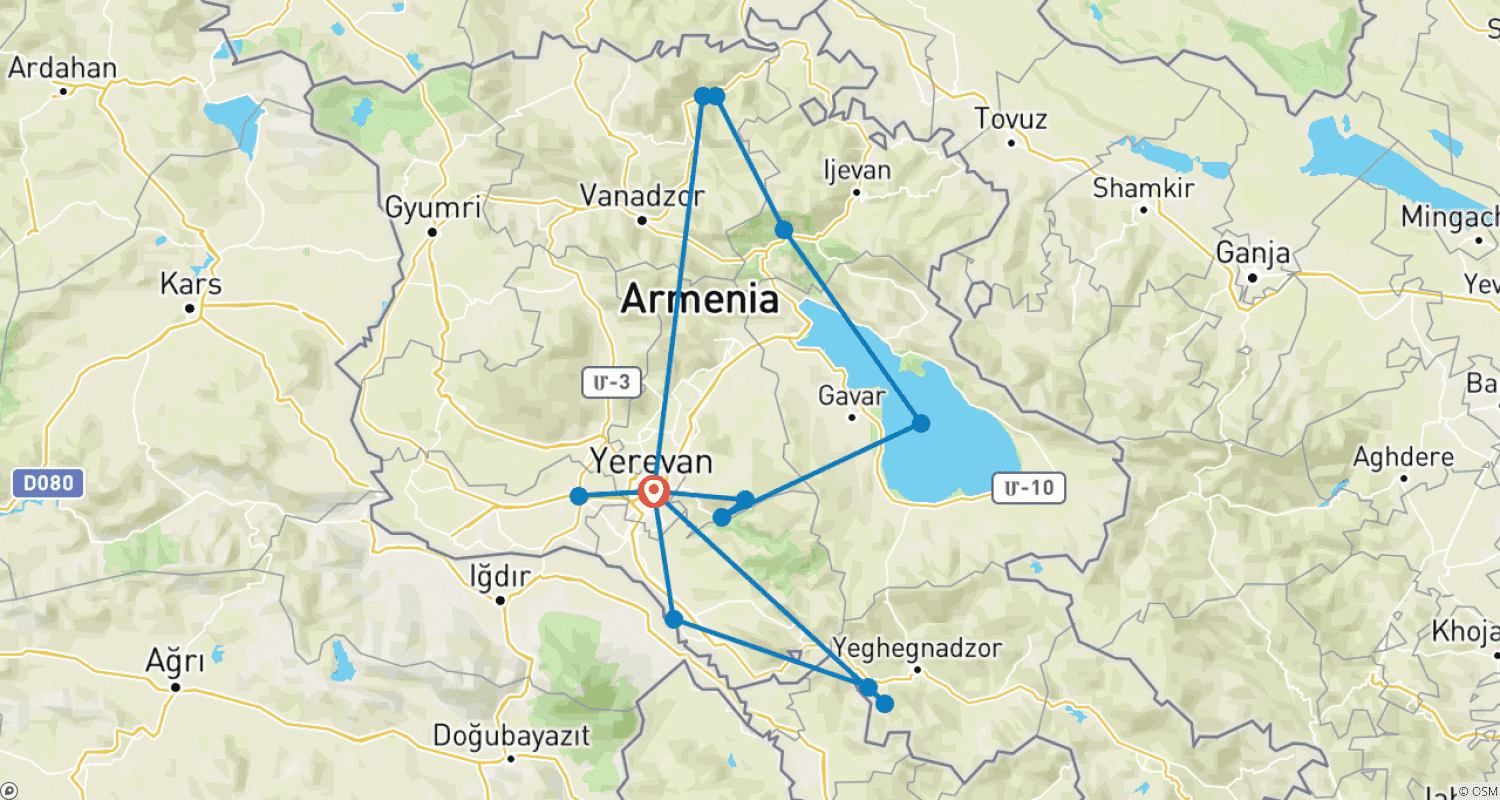 Mapa trasy: Armenia - Wycieczka po obiektach światowego dziedzictwa UNESCO / 2026 / MIN 2 OSOBY