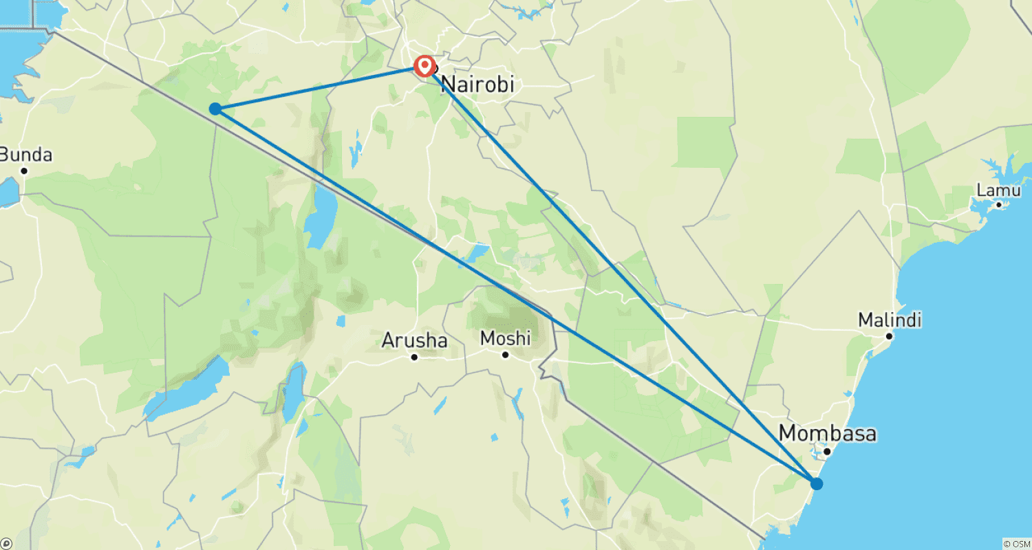 Mapa do percurso de Safári de Luxo Aéreo de 6 Dias em Masai Mara e Praia de Diani - Exclusivo