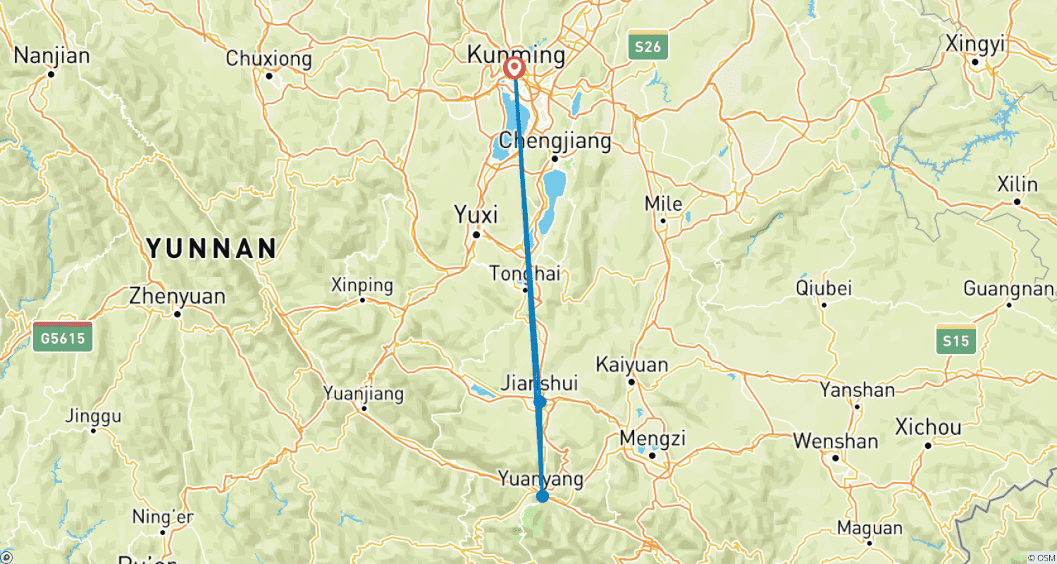 Mapa trasy: Niesamowita 8-dniowa podróż po Junnanie: Kunming, Czerwona Ziemia, Jianshui, Yuanyang