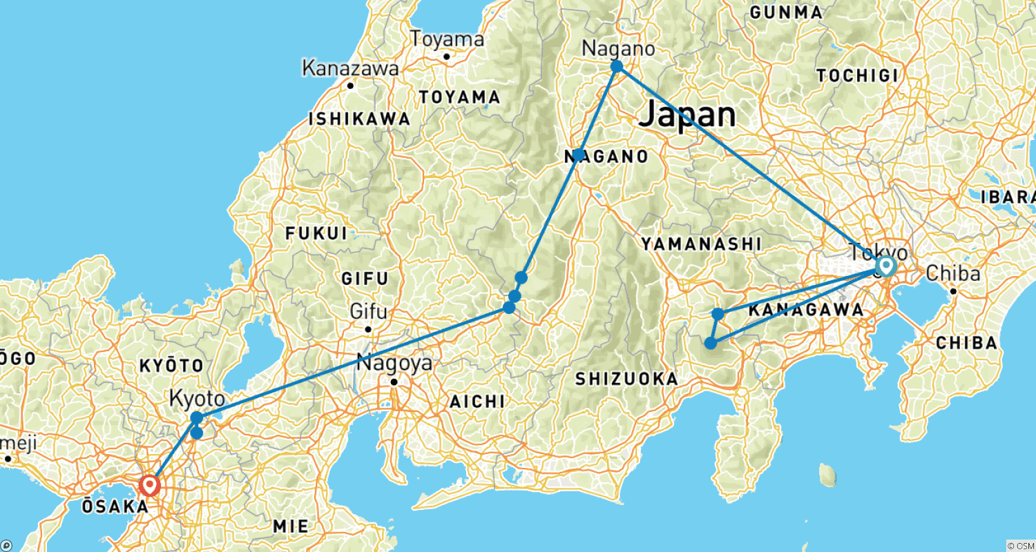 Mapa trasy: Spersonalizowane Prywatne Wycieczki po Japonii z Nakasendo-way, Codziennym Startem i Hotelami 4-gwiazdkowymi