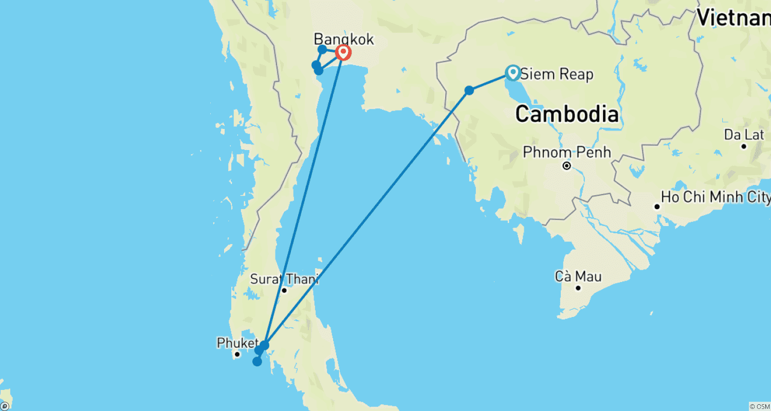 Mapa do percurso de CAMBOJA TAILÂNDIA – Explorador de Praias e Templos