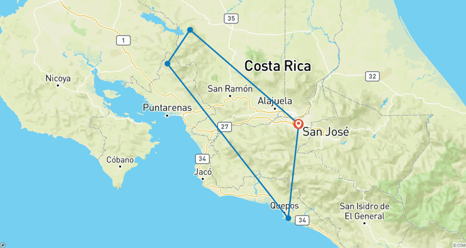 Mapa do percurso de COSTA RICA – Arenal a Manuel Antonio