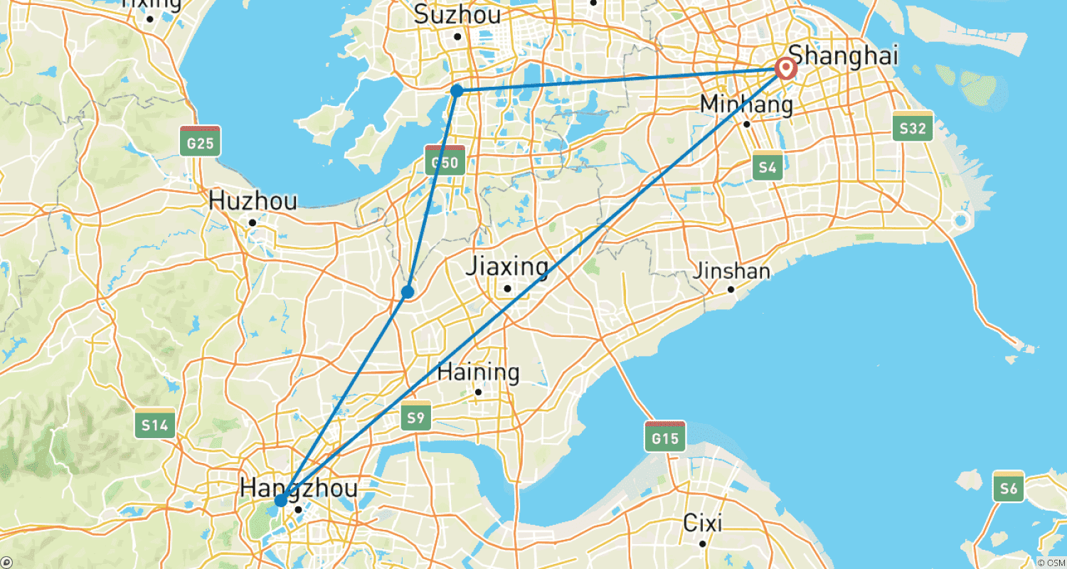 Mapa do percurso de Descoberta do Sul da China em 7 Dias: Xangai, Suzhou, Wuzhen Water Town, Hangzhou