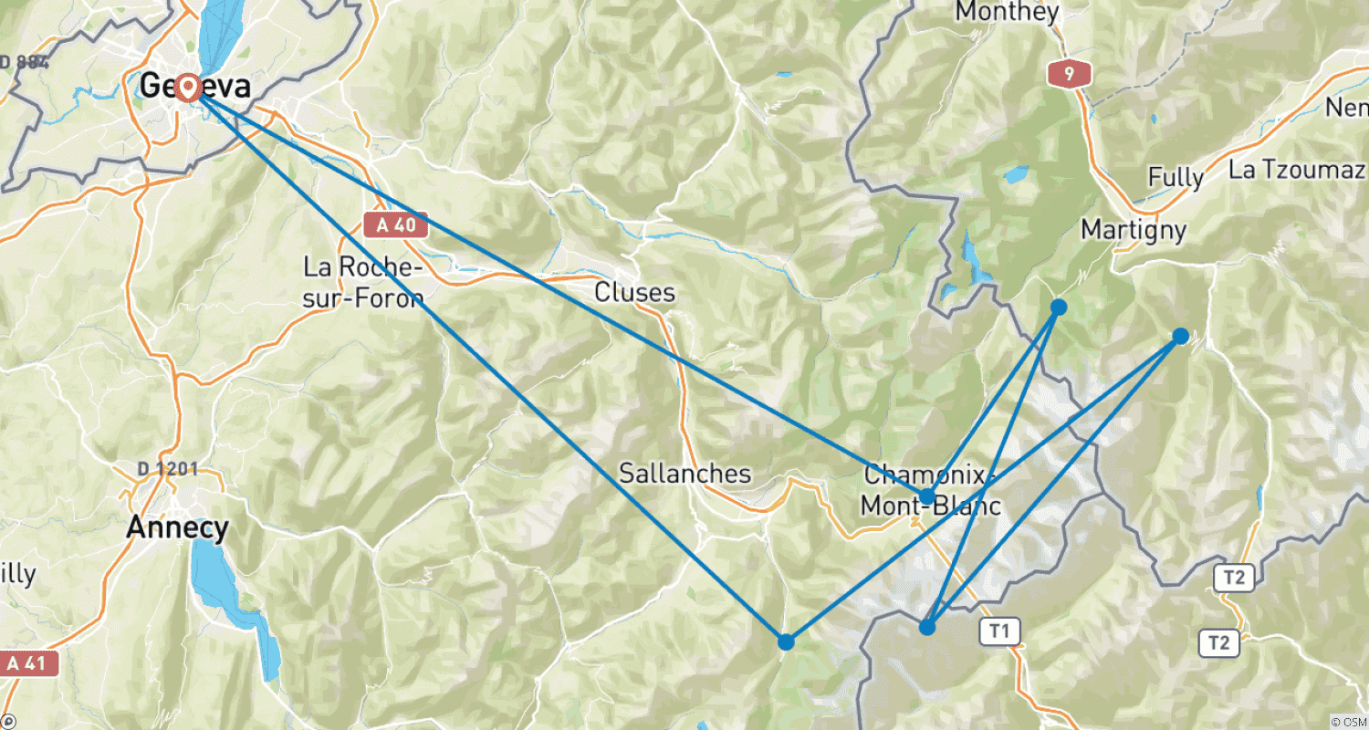 خريطة مسار TOUR DU MONT BLANC – سويسرا فرنسا إيطاليا