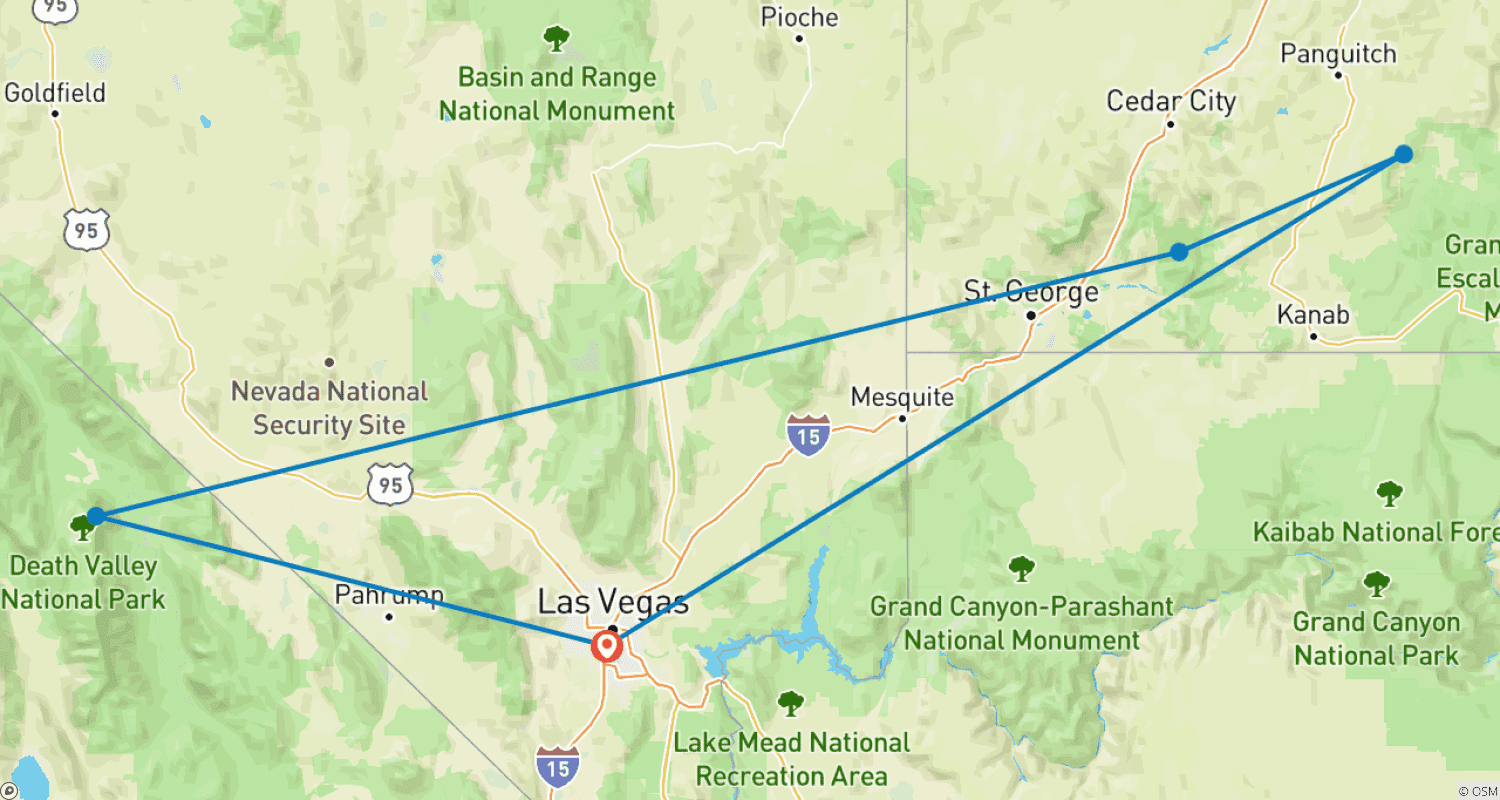 خريطة مسار الحدائق الوطنية الأمريكية 5 أيام – Zion Bryce Antelope وادي الموت من Vegas