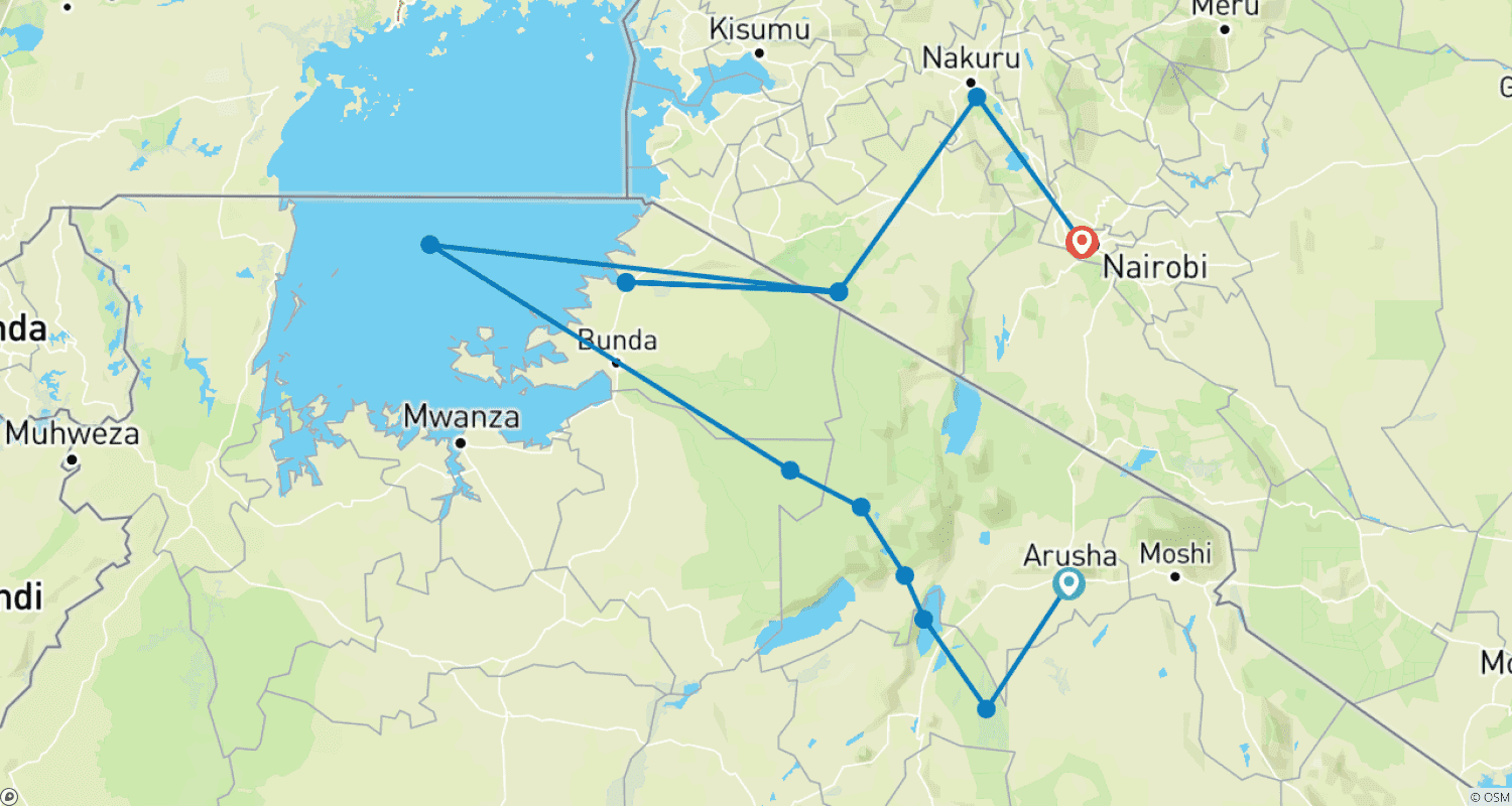 Mapa do percurso de Safari de 10 Dias: O Melhor da Tanzânia e Quênia - Destaques - Médio Porte