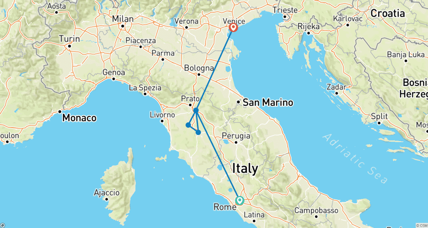 Mapa do percurso de Viagem Encantadora por Roma, Florença e Veneza - 8 Dias