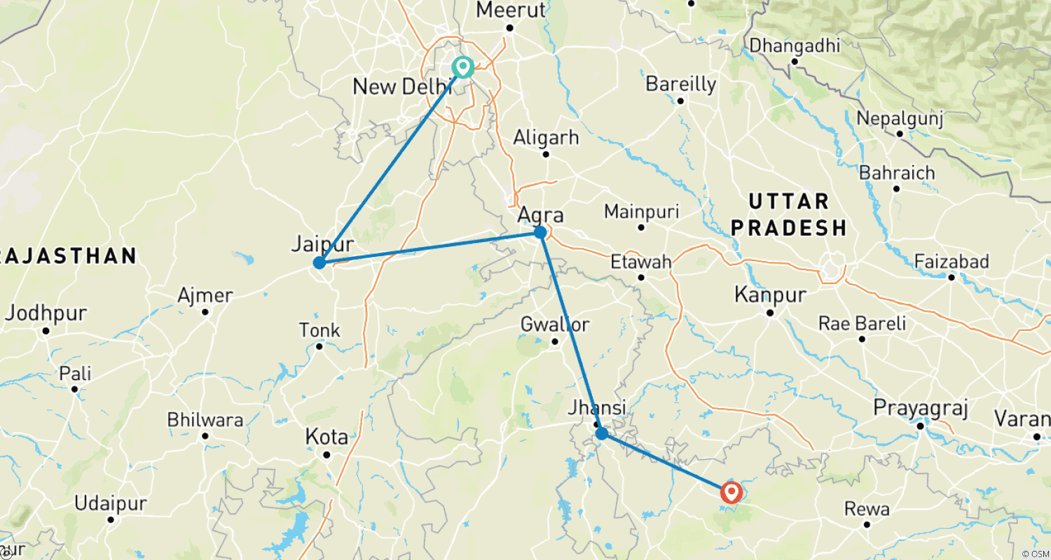 Mapa do percurso de Golden triangle tour with Orchha-Khajuraho.