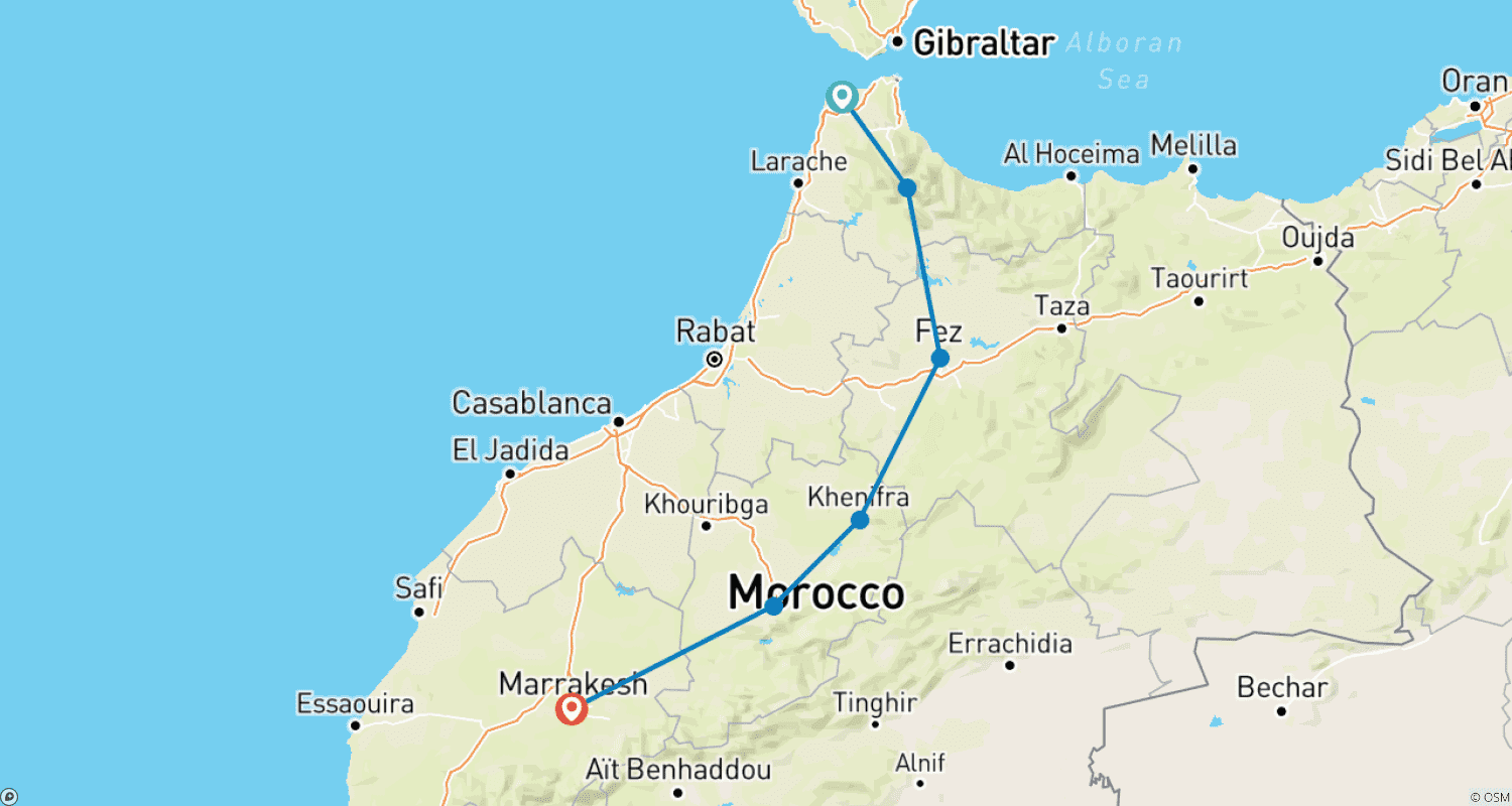 خريطة مسار Morocco Tours - Private 3 days from Tangier to Marrakech visiting Chefchaouen and Fes
