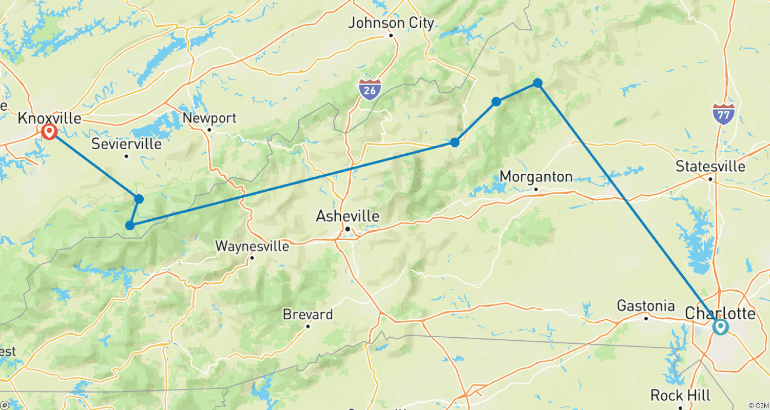 خريطة مسار الولايات المتحدة الأمريكية – 5 أيام من Blue Ridge Parkway إلى Great Smoky Mountains