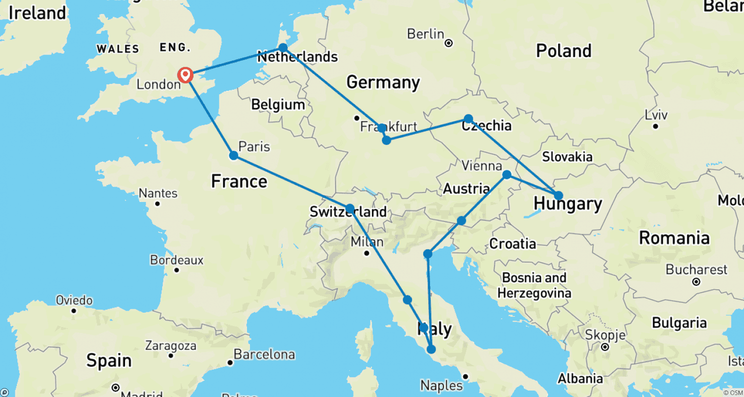 Mapa trasy: Romantyczna Europa (Klasyczna, Zapowiedź 2022, Start Londyn, Koniec Paryż, 19 Dni)