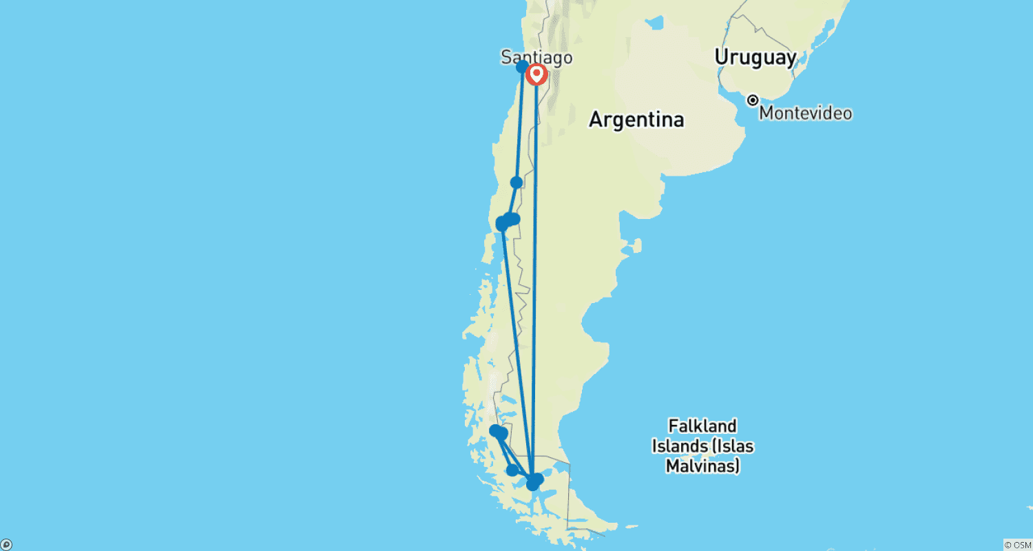 Mapa trasy: Prywatna wycieczka po Chile do Krainy Jezior i Patagonii z raftingiem i trekkingiem