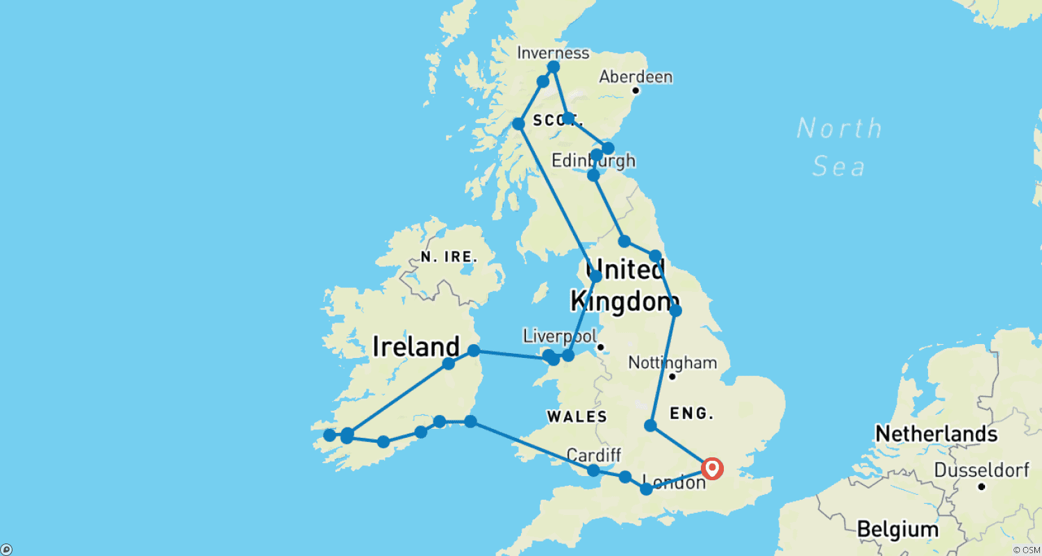 Mapa do percurso de Explorador da Grã-Bretanha e Irlanda (Pequenos Grupos, Verão, 15 Dias)