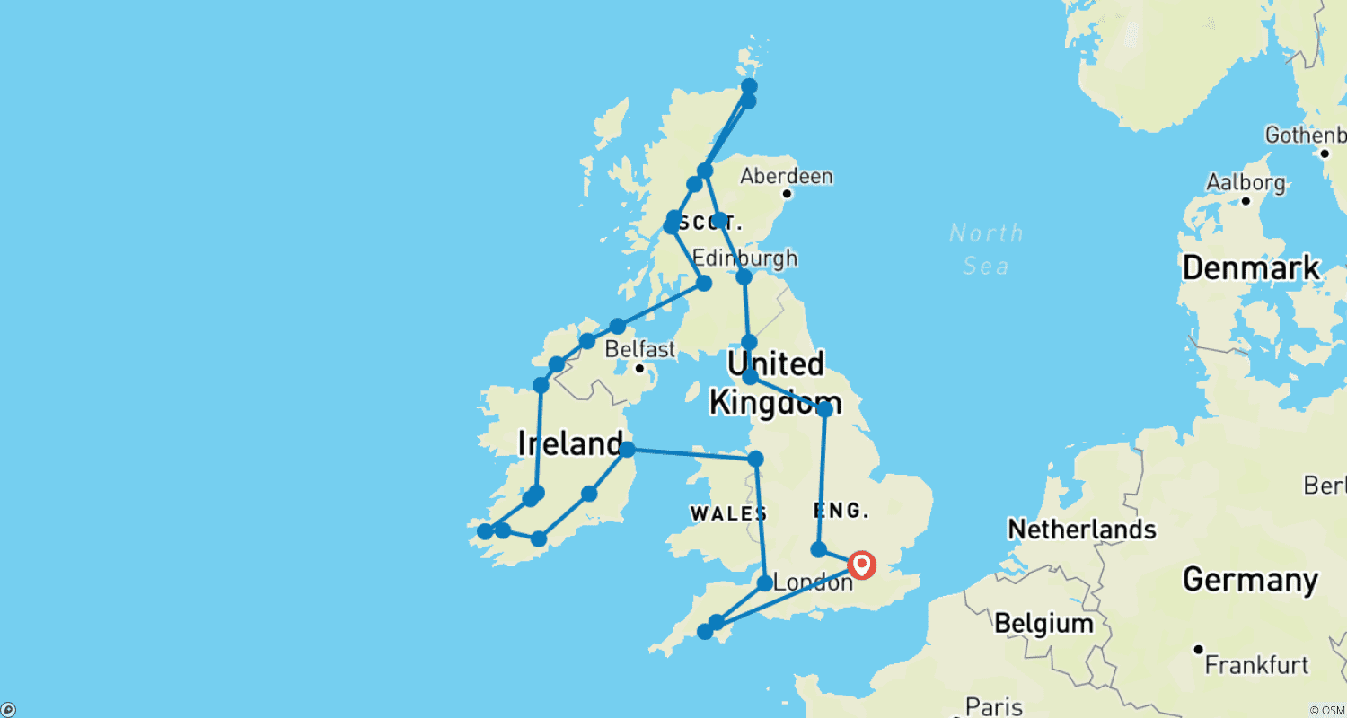 Mapa do percurso de Descoberta da Grã-Bretanha e Irlanda (Clássico, Prévia 2022, 24 Dias)