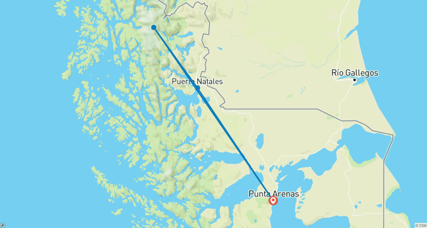 チリ：Punta Arenas、Puerto Natales & Torres del Paine National Park - 5日間のルートマップ