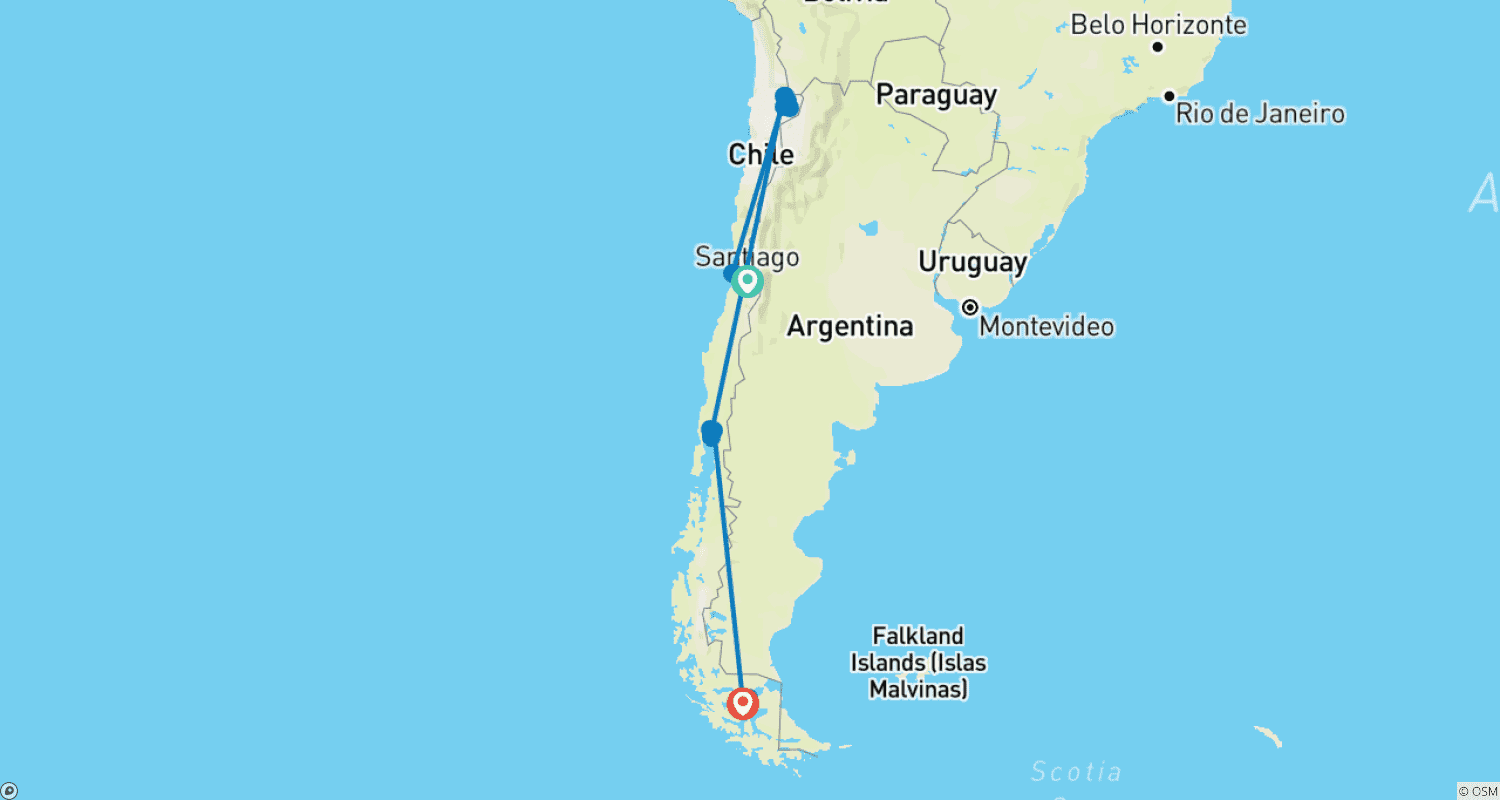 13-Day Trip Chile from North to Southのルートマップ