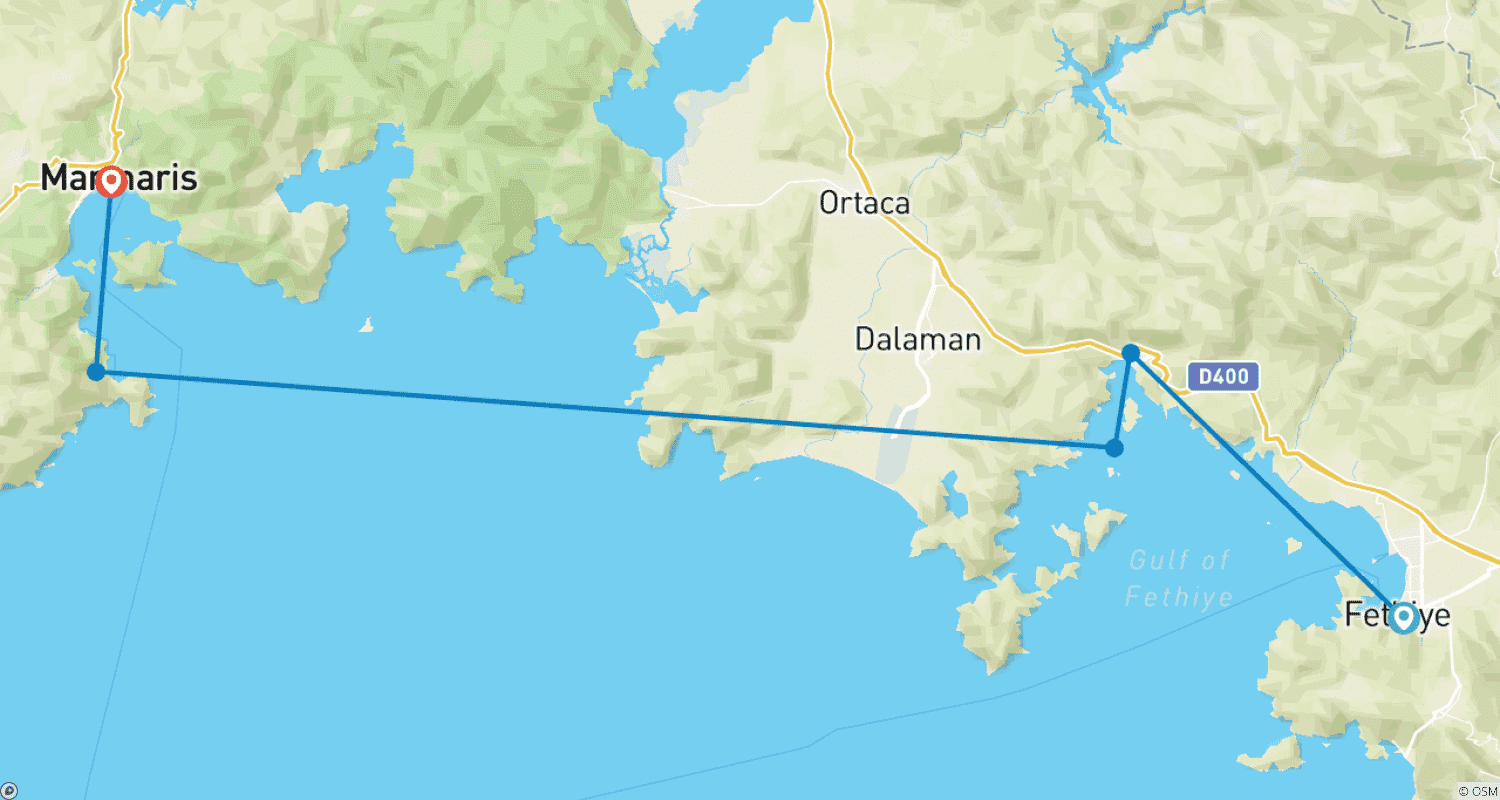 Mapa do percurso de De Fethiye a Marmaris (Mini Cruzeiro Azul de 3 Noites)