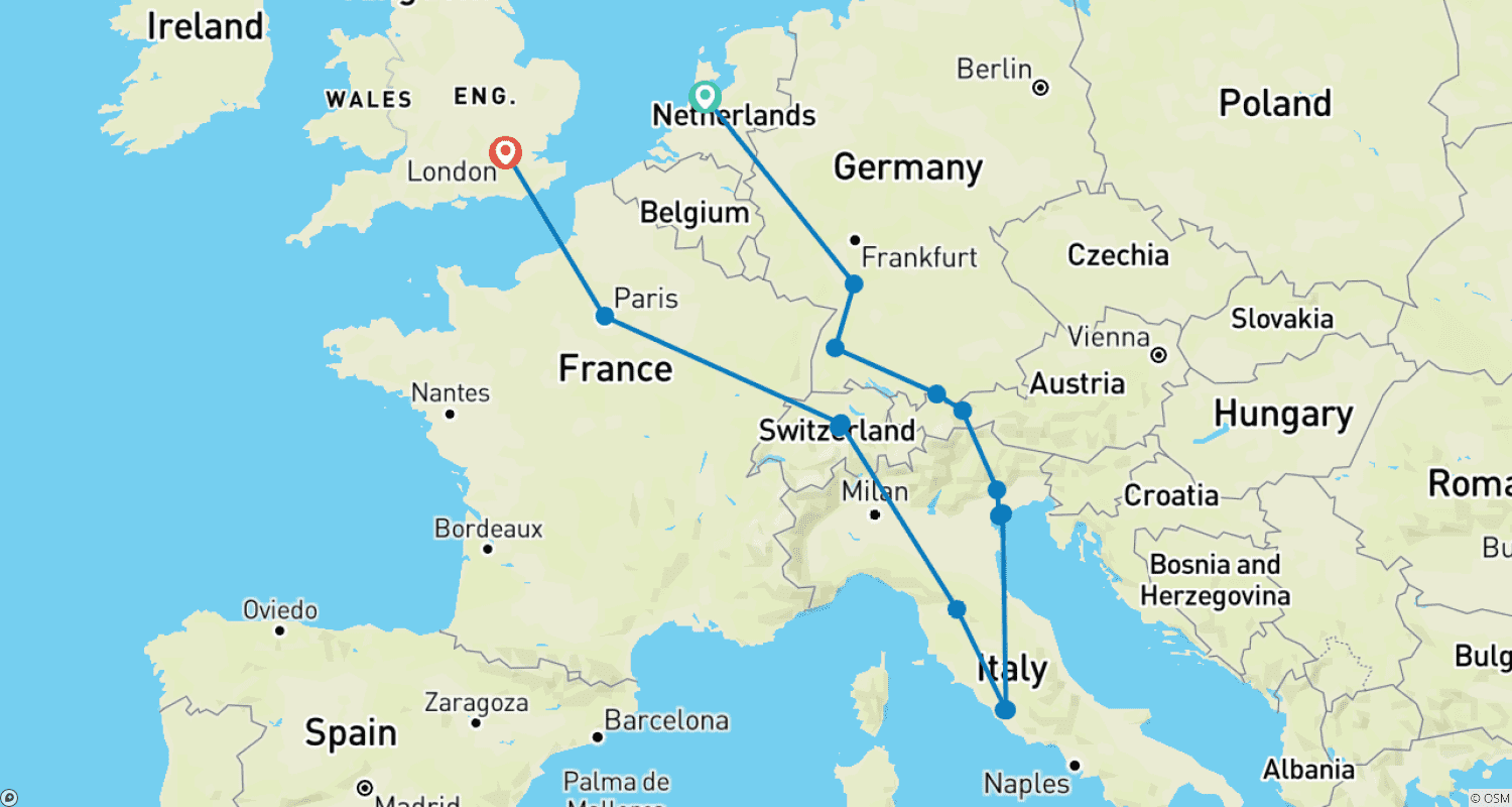 Mapa do percurso de Destaques da Europa (Pequenos Grupos, Início em Amsterdã, Fim em Londres, 15 Dias)