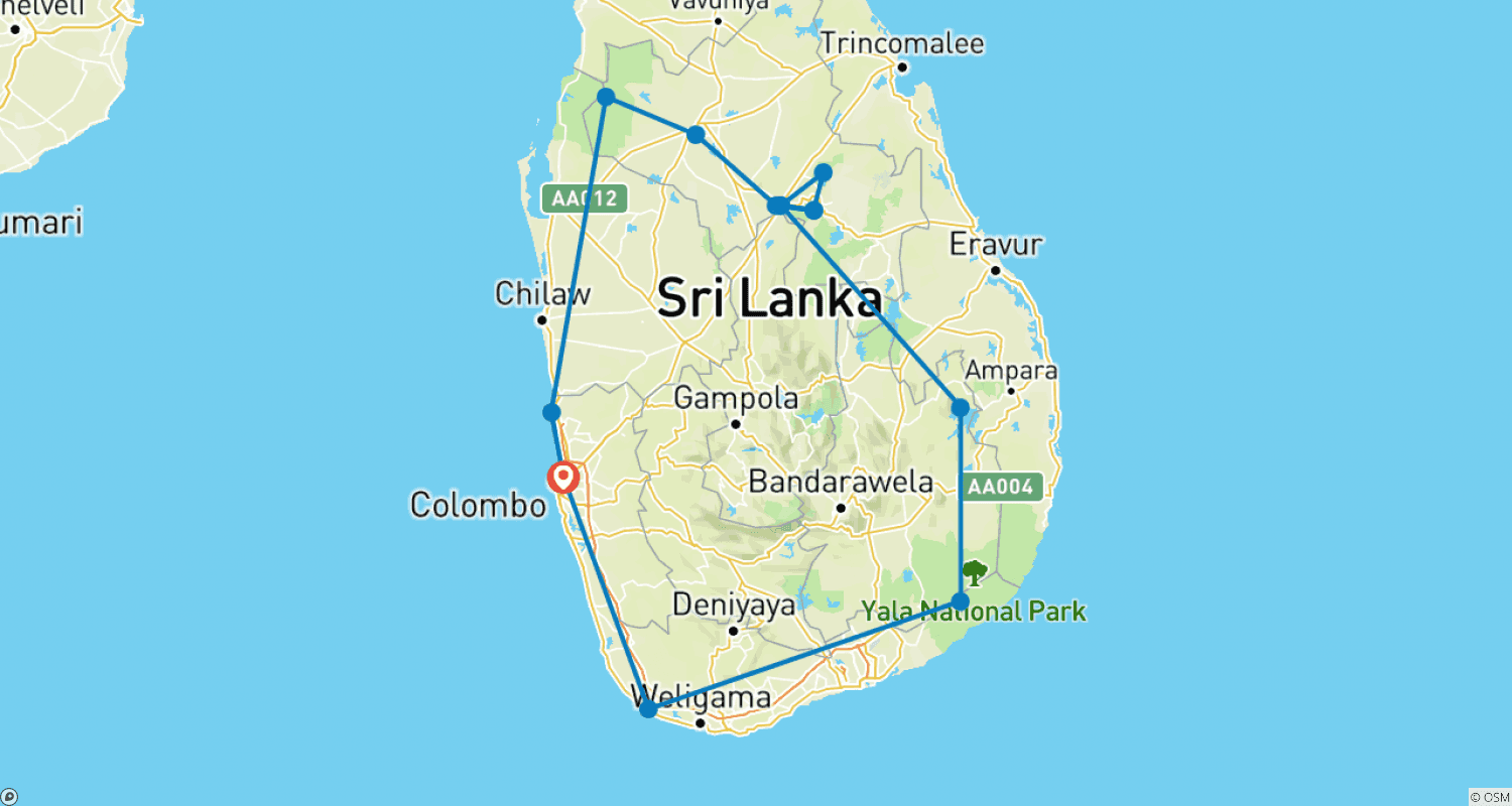 Mapa do percurso de Sri Lanka Connected to the wild, 11 Days of National Park Safaris, Private Tour