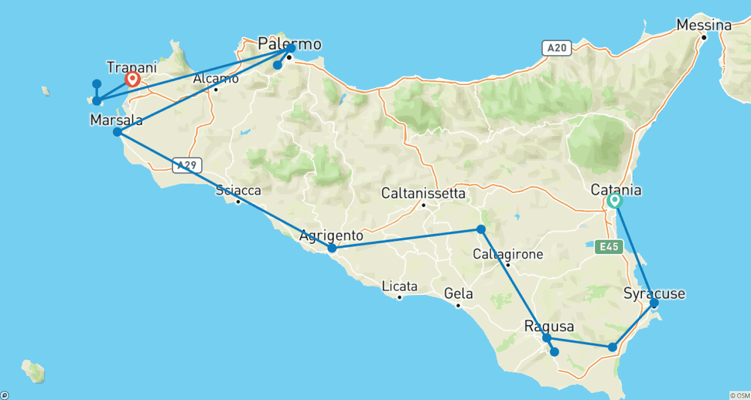 Mapa do percurso de Sicilian Secrets - Excursão pela Sicília e Ilhas Egadi