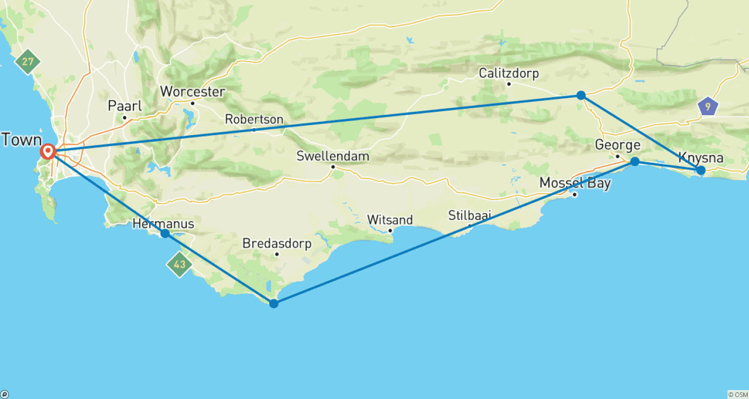 Route map for Garden Route Luxury Selection Small Group Tour from Cape Town
