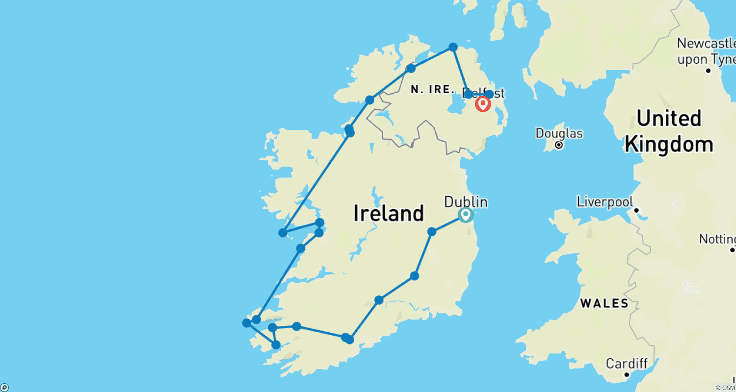 アイルランドの田舎道 (クラシック、2022年プレビュー、ベルファスト終了、12日間)のルートマップ