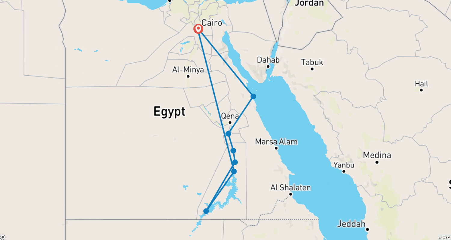 Mapa do percurso de Viagem de Lua de Mel Nefertiti Egito (Cairo, Assuã, Cruzeiro no Nilo, Luxor, Hurghada e muito mais…..)