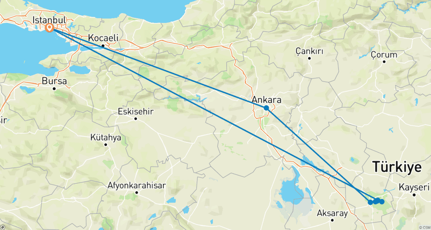 خريطة مسار Istanbul - Ankara - Cappadocia | 4 Days with 1 flight