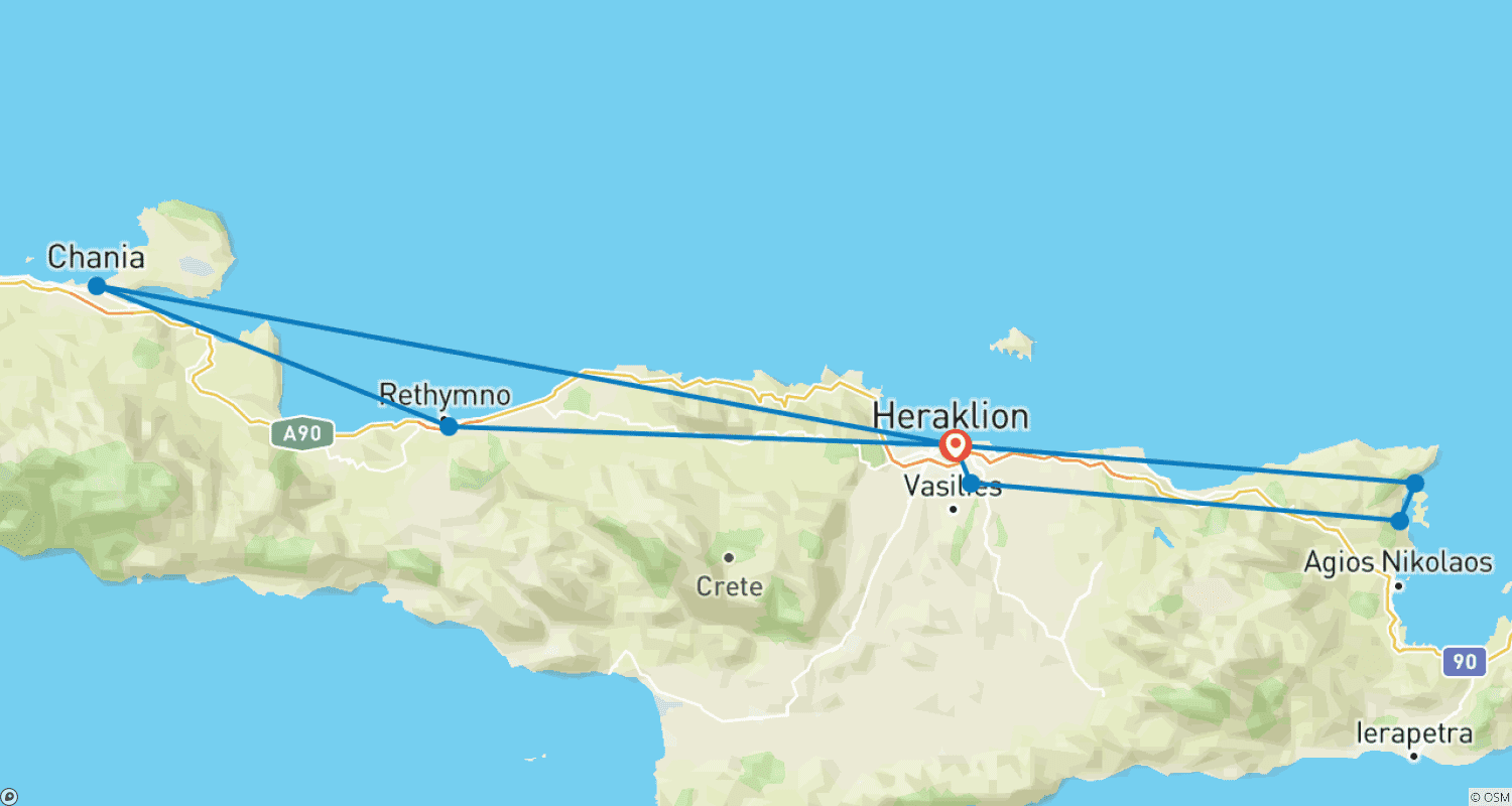Mapa do percurso de Tesouros de Creta, Tour Privado