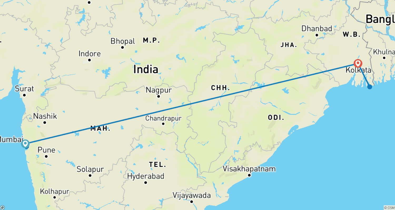 Mapa do percurso de Mumbai, Kolkata & Sunderban Mangrove Forest