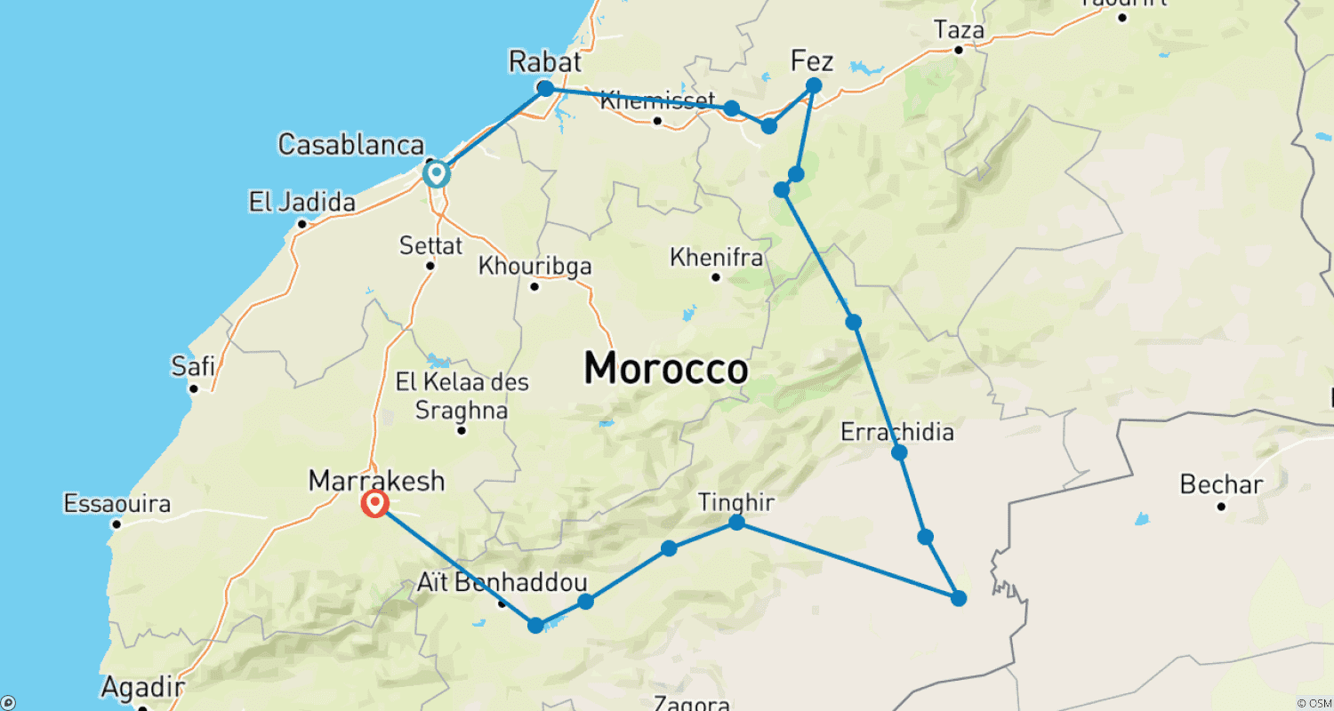 Mapa do percurso de Tour Privado de 5 Dias de Casablanca a Marrakech Via Fez e Deserto
