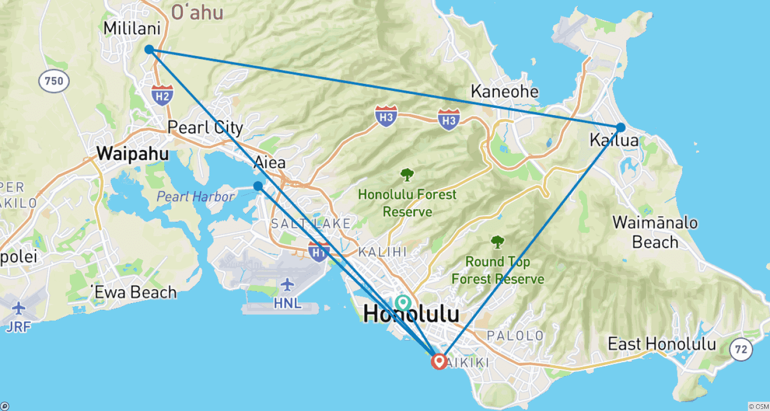 Mapa do percurso de Aventura Havaiana: Praia e Prancha