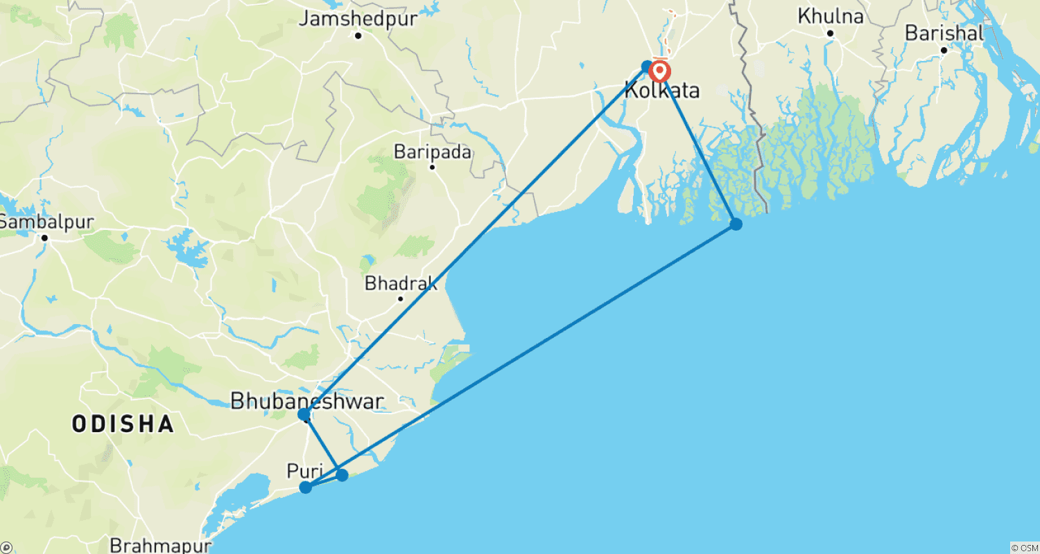 Mapa do percurso de Odisha Temples and Sundarbans Delta from Kolkata