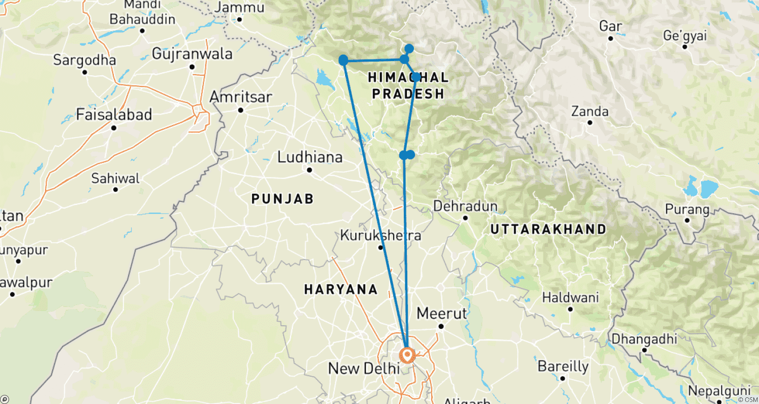 Mapa do percurso de The Hill Stations of North India