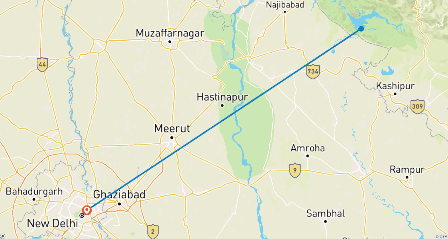 Mapa trasy: Delhi do Rezerwatu Tygrysów Corbett