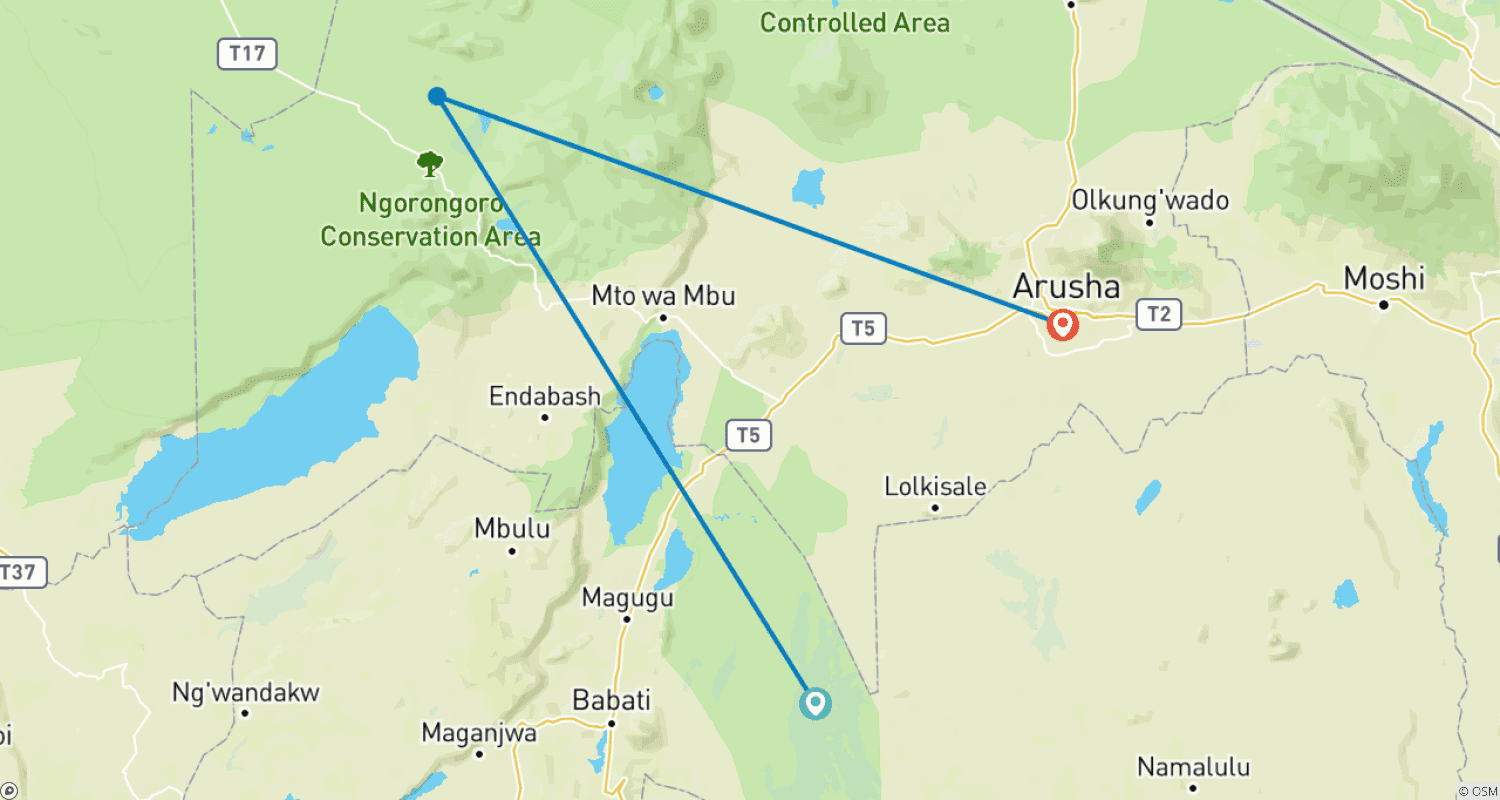 Mapa trasy: 2-dniowe Epickie Safari w Tanzanii