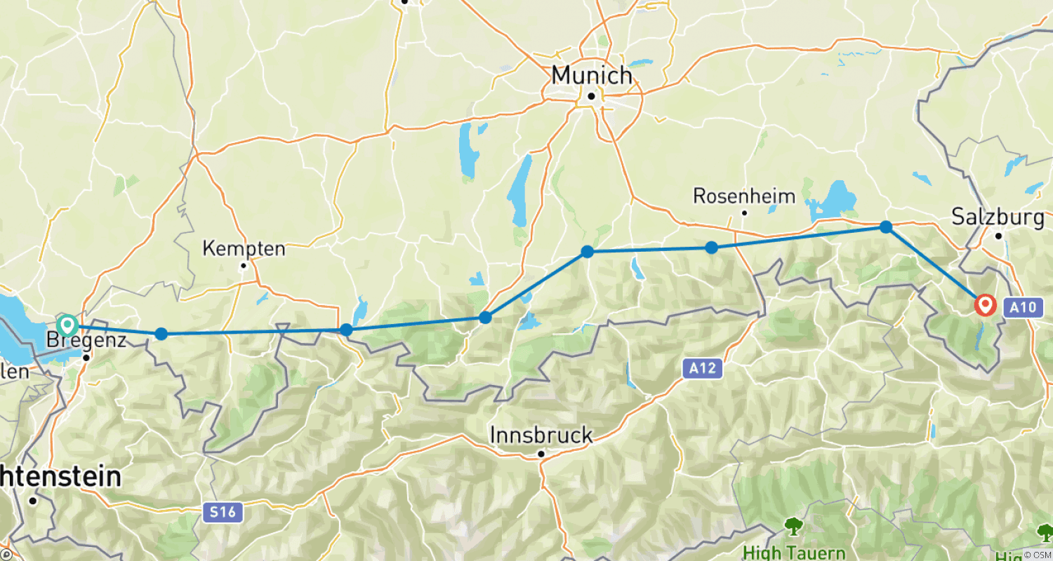 Mapa do percurso de Ciclovia Bodensee-Königssee: clássica com transporte de bagagem
