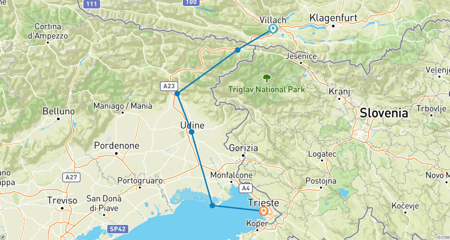 Mapa trasy: Alpe Adria Cycle Path, Villach – Grado – Trieste