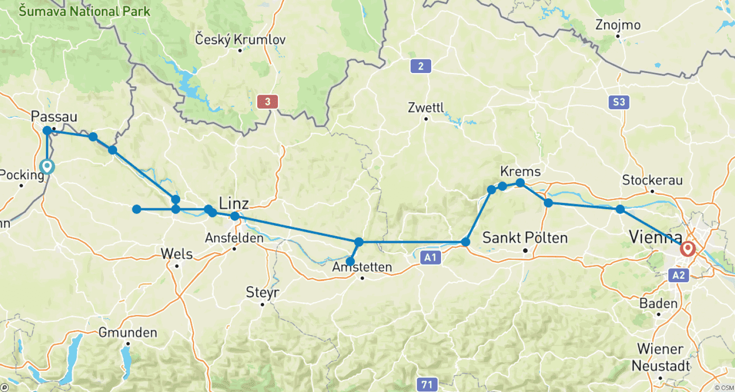 Mapa trasy: Danube Cycle Path Shortened, Passau to Vienna