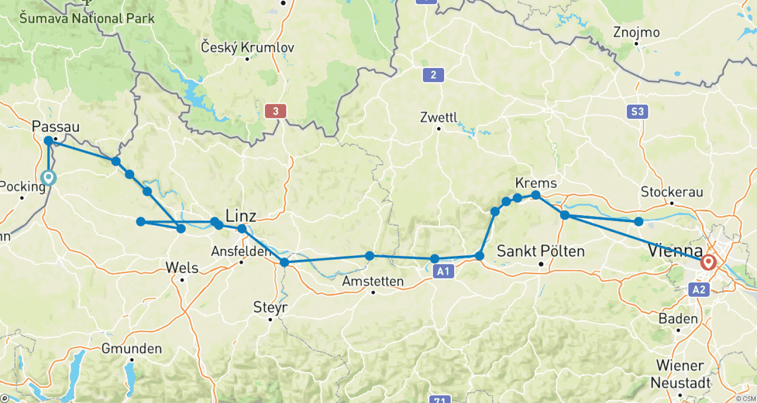 Mapa trasy: Dunajski Szlak Rowerowy