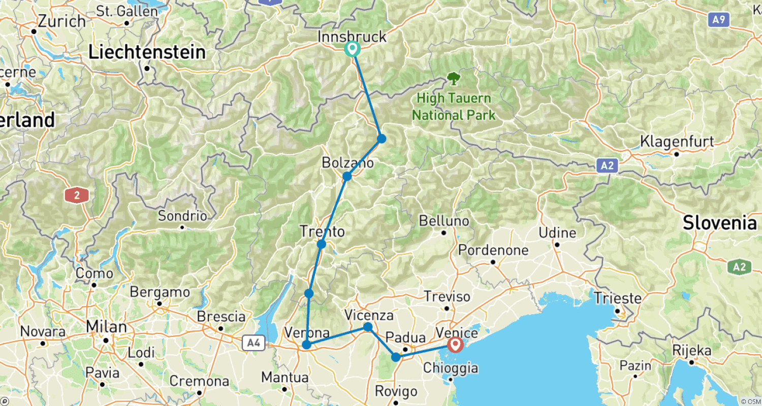 Mapa trasy: Innsbruck – Venedig