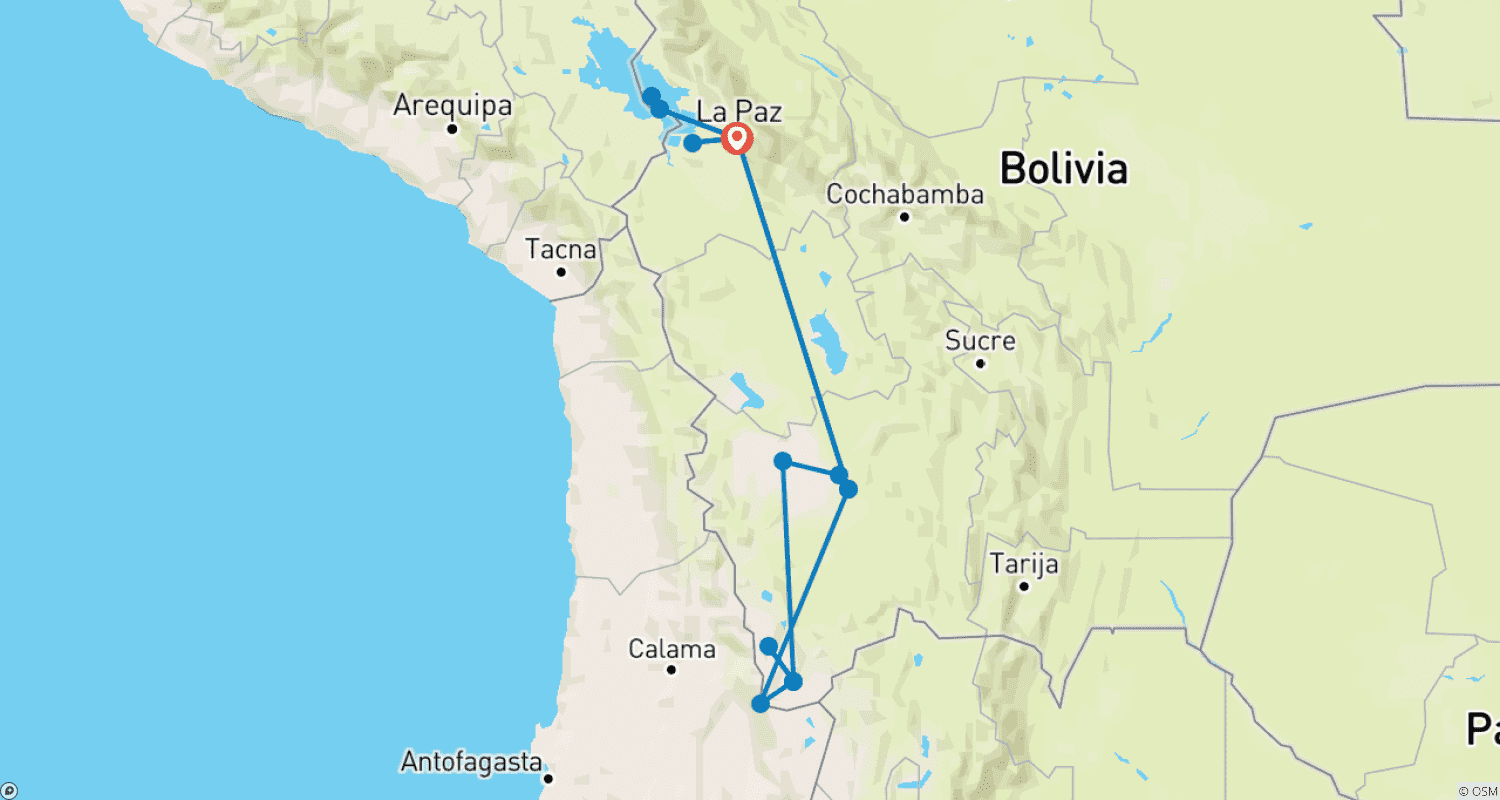 Mapa trasy: Szyta na miarę 9-dniowa wycieczka po Boliwii do Uyuni i Jeziora Titicaca, codzienne wyjazdy i prywatny przewodnik