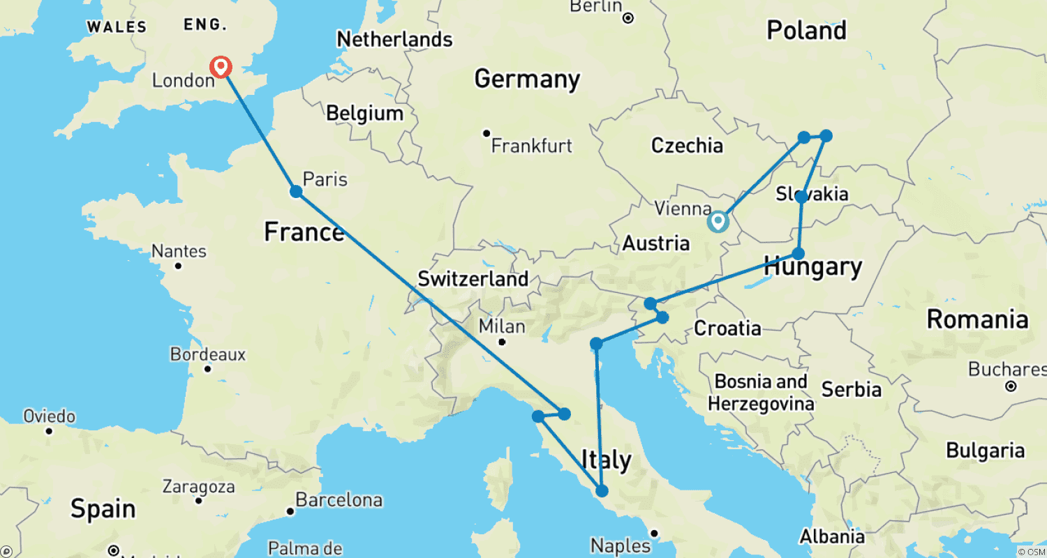Mapa do percurso de Trilha de Viena a Londres (Padrão, Verão (Até Mar '27), Clássico)