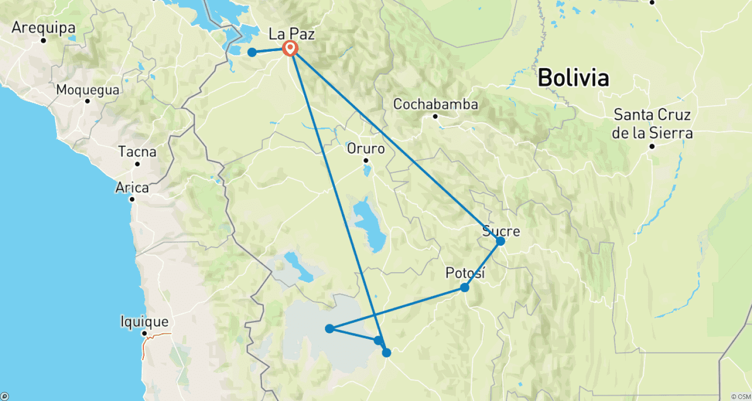 Mapa trasy: Szyta na miarę 8-dniowa prywatna wycieczka po Boliwii z pełnym przewodnikiem i 4-gwiazdkowym hotelem